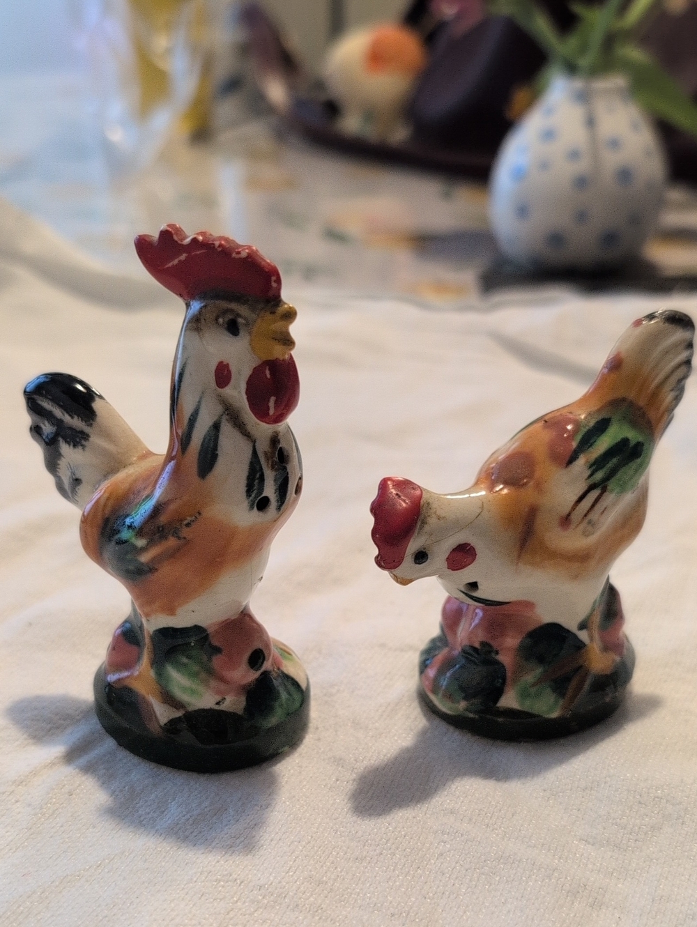 Hand-Painted Ceramic Rooster and Hen Figurine Set - Multicolor